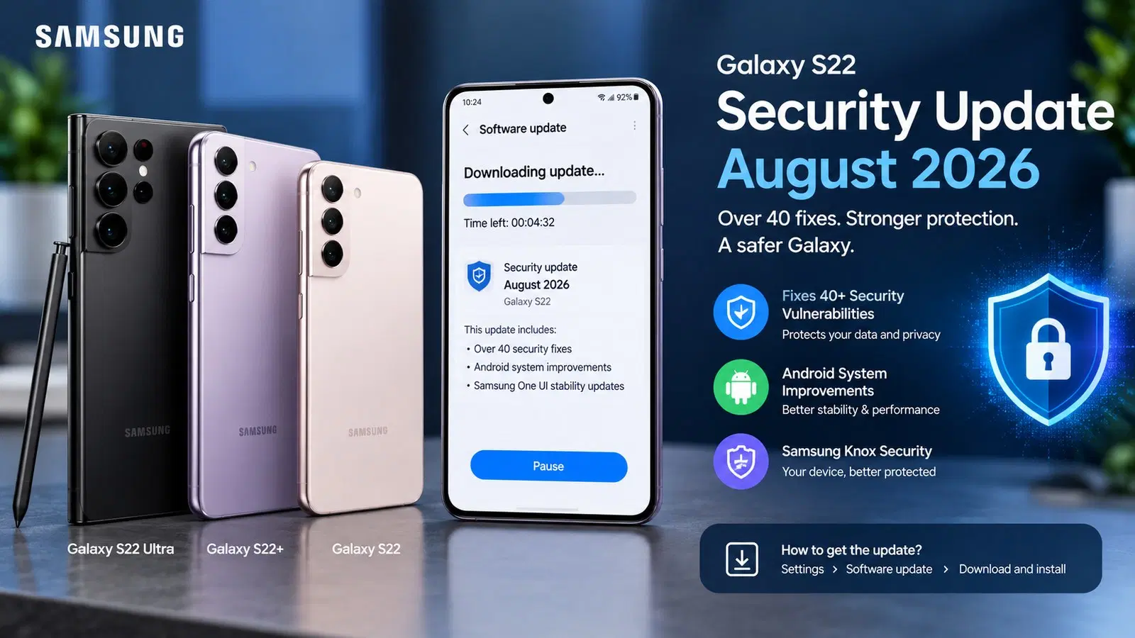 Galaxy S22 August 2026 security patch showing Android and Samsung Knox protection