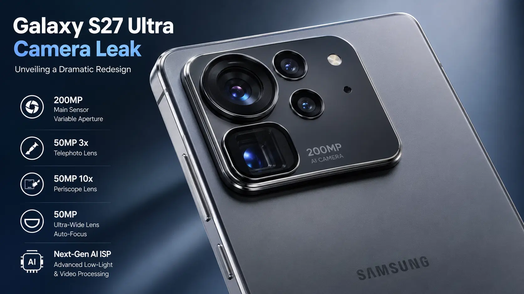 Galaxy S27 Ultra redesigned camera island with 200MP main sensor and advanced telephoto lenses