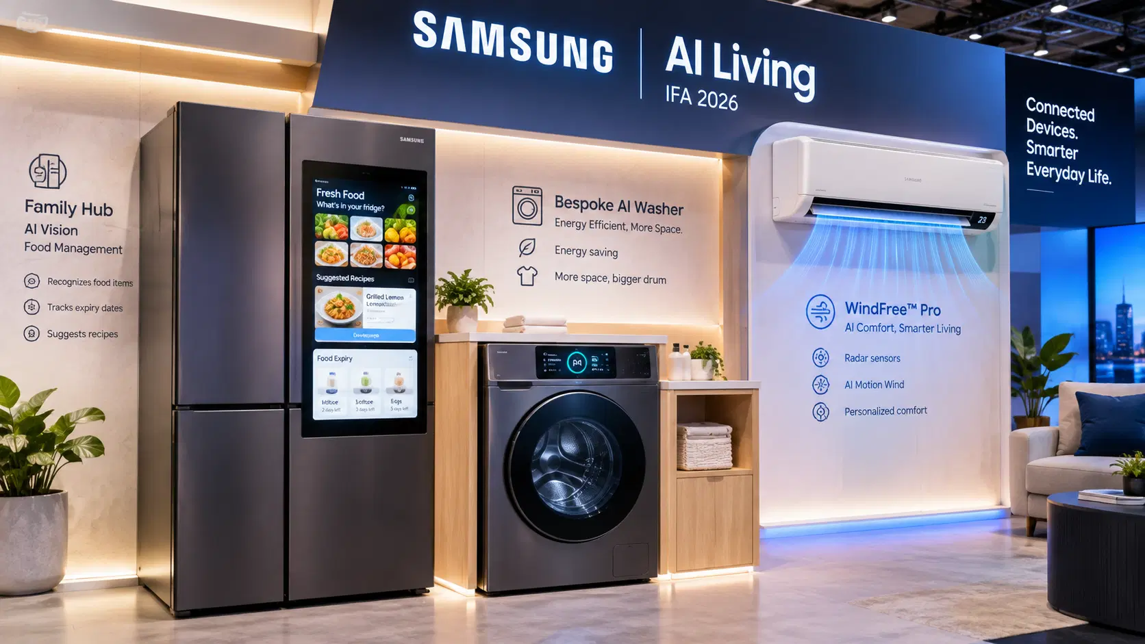 Samsung Bespoke AI home appliances at IFA 2026 including Family Hub refrigerator washer and WindFree Pro air conditioner