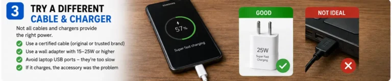 Samsung phone not charging common causes including faulty USB cable, weak wall adapter, dirty charging port, and software glitches