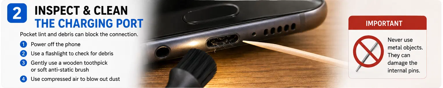 How to safely clean a Samsung phone USB-C charging port by removing lint and debris without damaging internal pins